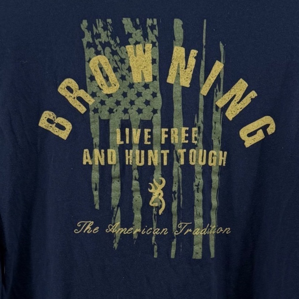 Browning Mens Navy Blue Long Sleeve Graphic T-Shirt Hunting American Flag Size M